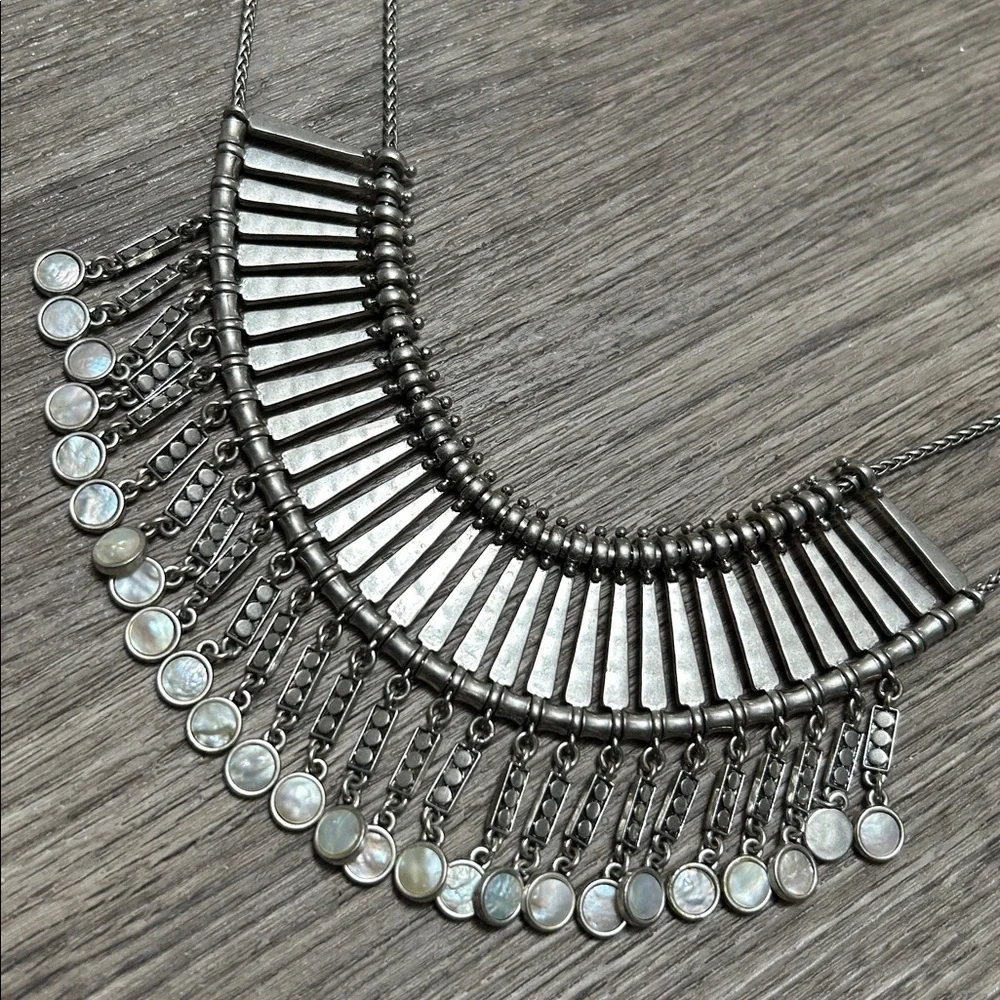 Lucky Brand Boho Statement Bib Necklace Silver Tone Mother of Pearl - Picture 3 of 6